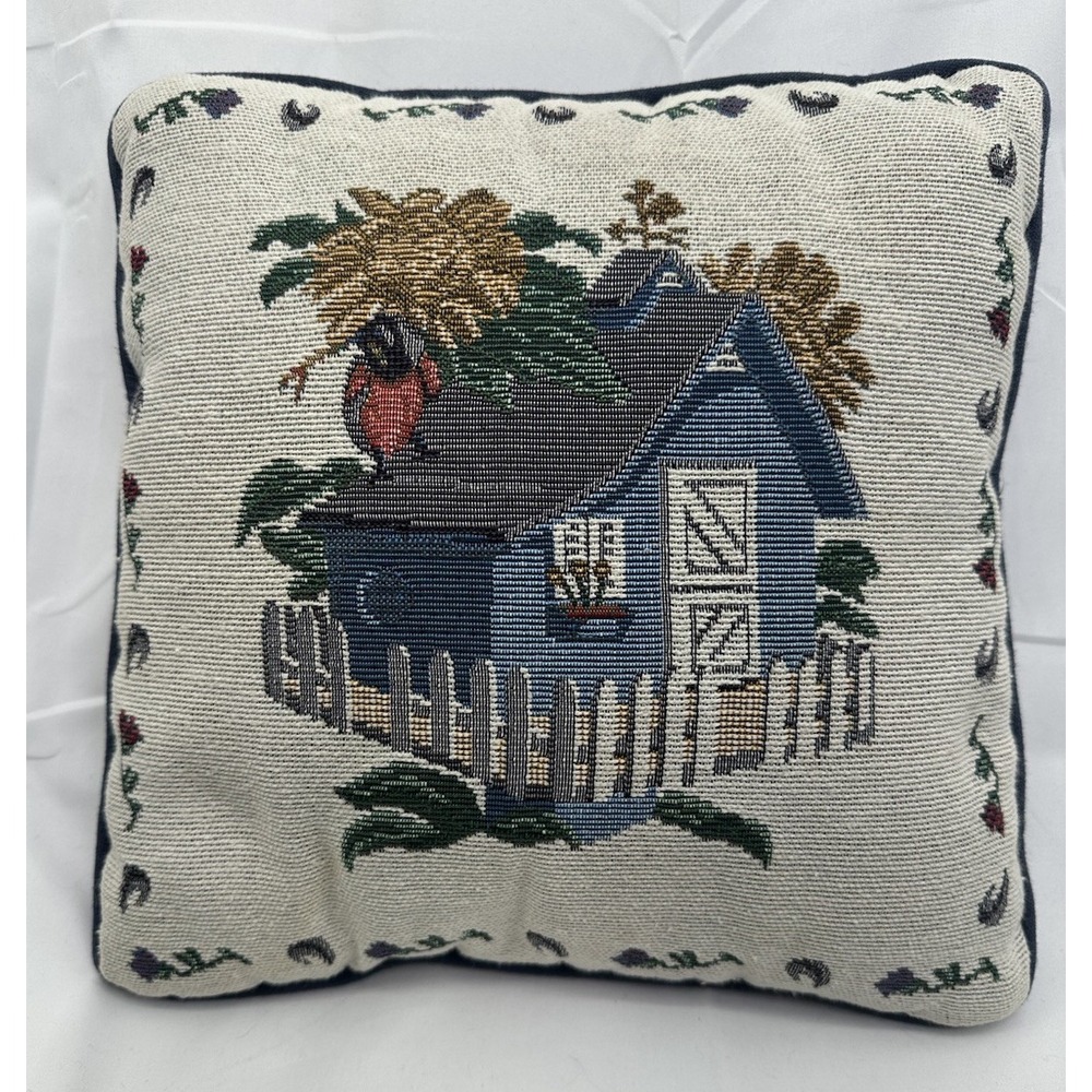 Vintage Tapestry Pillow Cottage Garden Picket Fence Birds Country Potting Shed